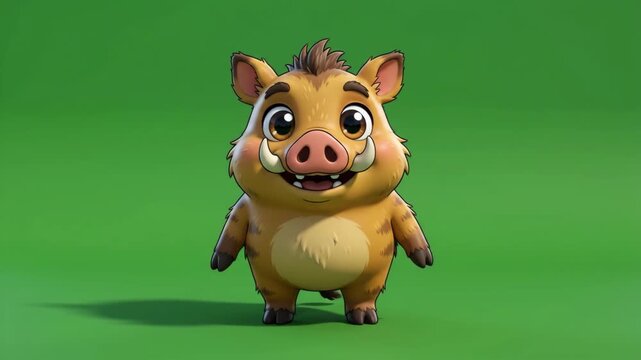 Cute cartoon warthog character with big eyes and tusks, standing on a green background.