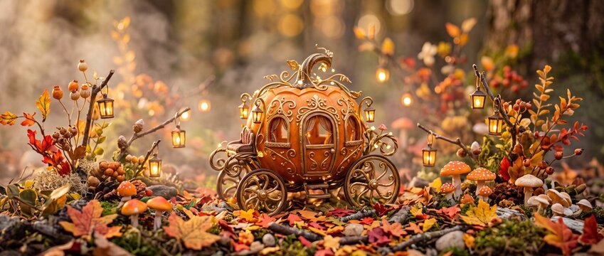 magical miniature pumpkin carriage surrounded by tiny autumn leaves, glowing lanterns, miniature mushrooms and subtle mist, elegant Halloween fairytale atmosphere
