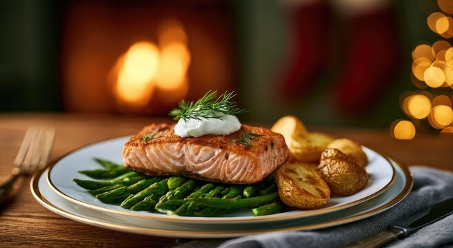 Gourmet Salmon Dinner with Roasted Potatoes and Green Beans by Fireplace.