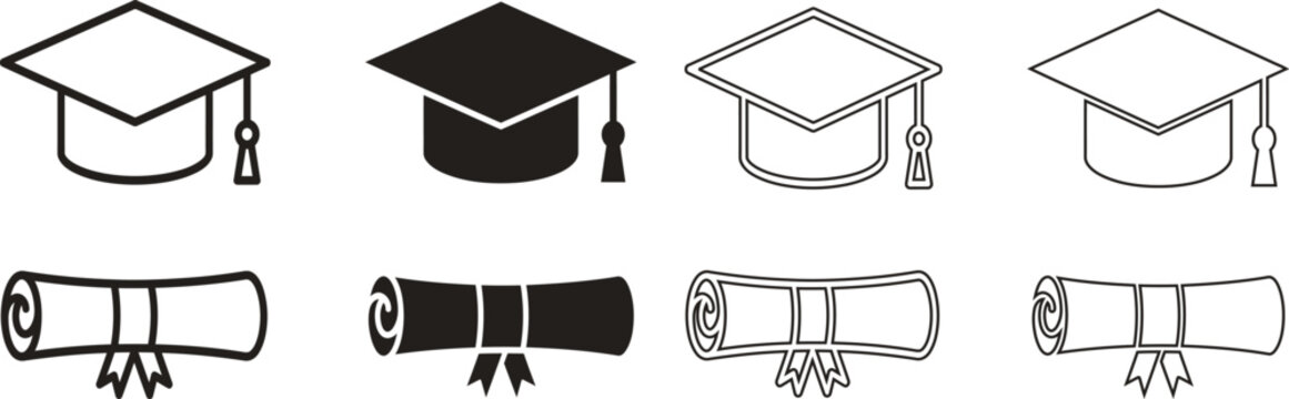 Set of graduation caps and diploma scrolls in various artistic line art and solid black icon styles