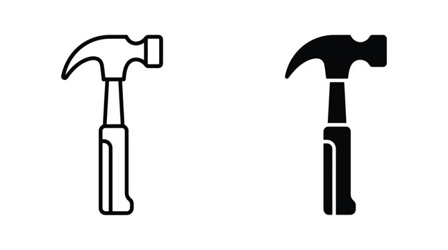 Black and white vector icons of construction hammer tools isolated on white background.