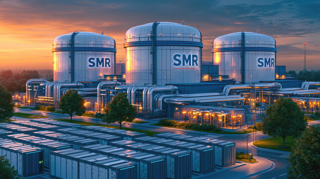 Compact industrial nuclear power plant at sunset with three small modular reactor containment domes SMR