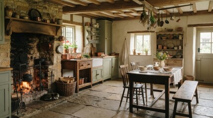 Naklejka premium Rustic Farmhouse Kitchen: A cozy and charming farmhouse kitchen featuring a crackling fireplace, wooden beams, a rustic dining table, and well-loved cookware, evoking a sense of warmth and tradition.