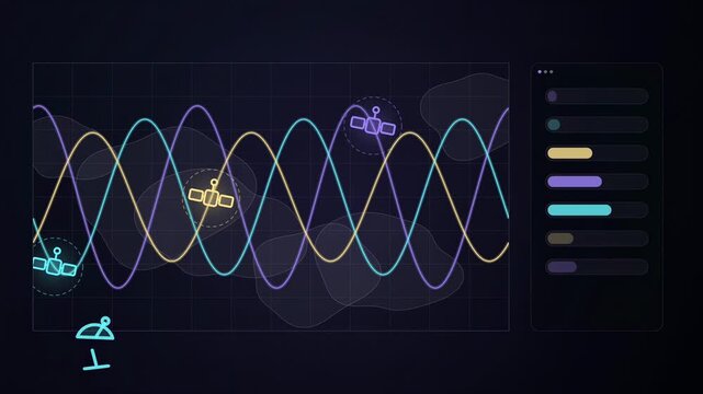Abstract animated satellite ground tracks sweeping across the earth drawn as cyan and teal lines and shapes on a deep dark background. Seamless looping 4K motion graphics video with free space for tex