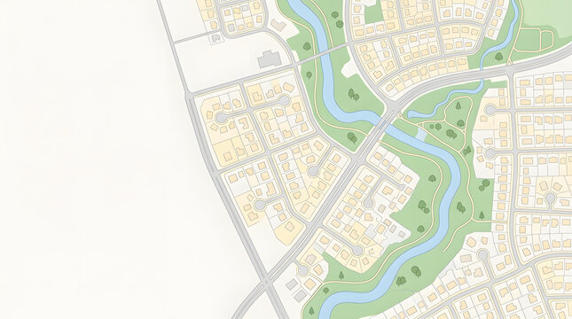 Detailed city map with river and green spaces in urban layout
