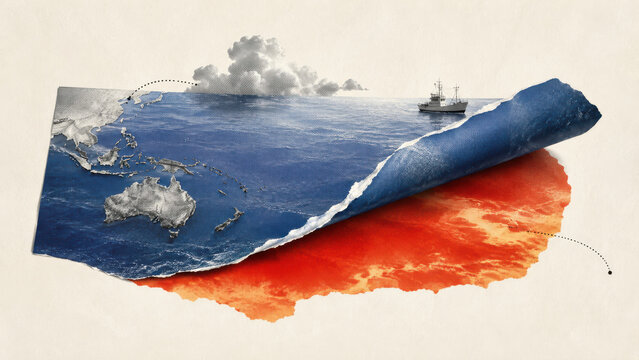 Paper collage illustrating El Nino and climate change as warm water spreads across the Pacific Ocean, driving extreme weather worldwide