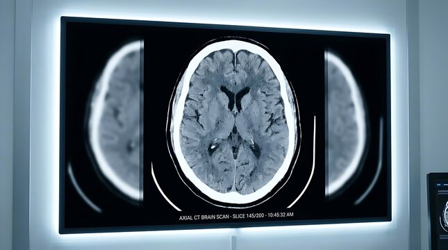 Axial CT brain scan on medical lightbox