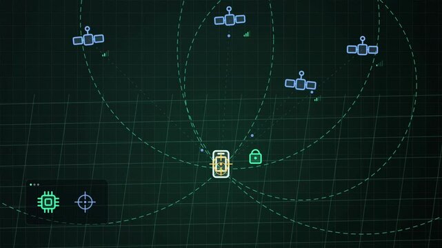 Abstract animated position fixed by triangulating satellites drawn as blue and cyan lines and shapes on a deep dark background. Seamless looping 4K motion graphics video with free space for text, idea