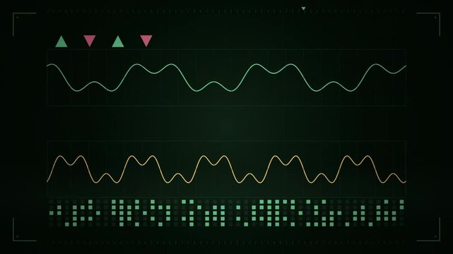 Abstract animated data scrolling through a readout ticker drawn as green and teal lines and shapes on a deep dark background. Seamless looping 4K motion graphics video with free space for text, ideal 