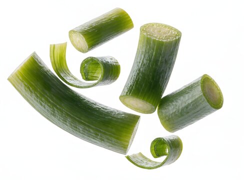 Chopped green scallion pieces and curls isolated on white. Fresh cooking ingredients and culinary concepts. Sliced spring onion floating in studio light.
