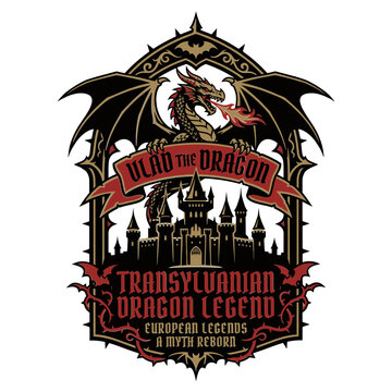 Gothic Transylvanian dragon emblem featuring a castle bats and vintage legend typography.