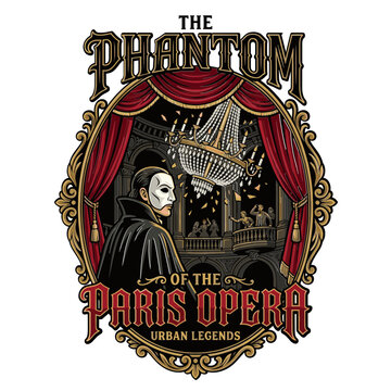 Vintage gothic emblem illustration of the phantom of the opera featuring a masked man and falling chandelier in a grand theater.