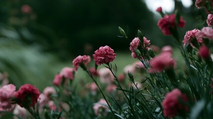 Fototapeta premium Pink carnations bloom softly in a lush garden with blurred greenery and gentle light creating a serene natural scene