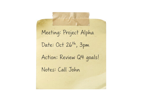 Yellow sticky note with handwritten meeting details isolated on transparent background