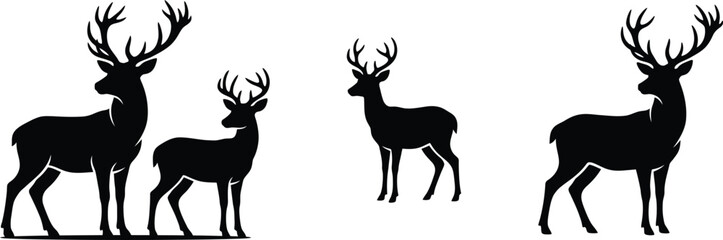 Naklejka premium A collection of majestic deer and stag figures displayed in a minimalist black and white graphic art silhouette