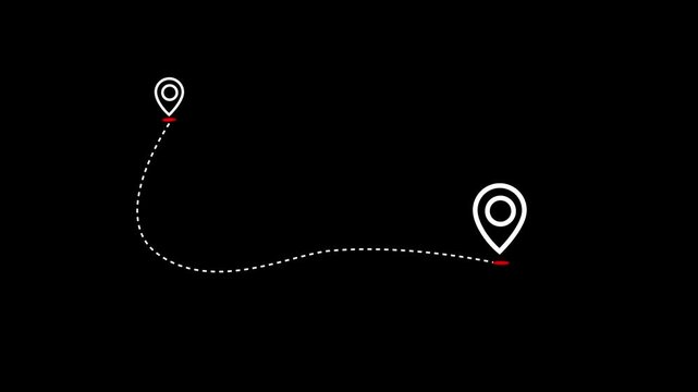 Location pins connected by animated dotted route path for GPS navigation travel destination direction journey tracking and map motion graphics