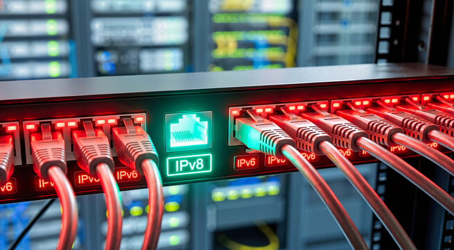Close up of a network switch with red IPv6 cables and a glowing green IPv8 port. Digital server rack panel in a data center. Next generation internet protocol concept