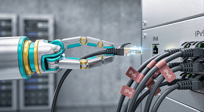 Metallic robotic hand plugging a glowing ethernet cable into an IPv8 port. Server panel with connected IPv6 cables in a data center. Future network technology concept
