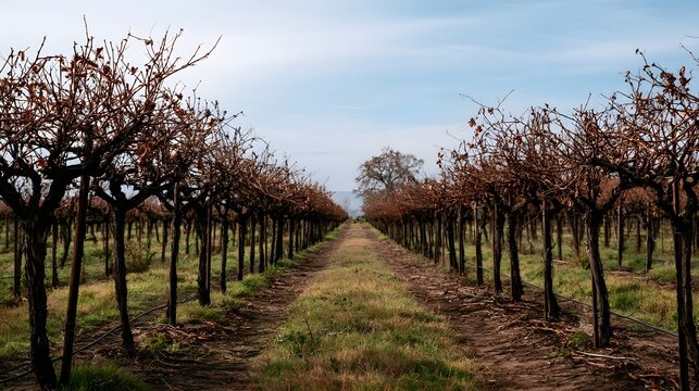 Rows of dormant grapevines stretch into the distance under a pale blue sky with scattered clouds