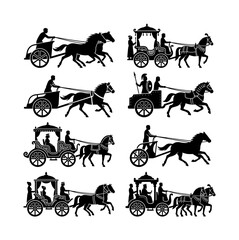 Naklejka premium 70 Ancient Chariot Silhouettes, Horse-Drawn Carriage Vector Set, Historical Transportation Icons, Classical Warfare and Royal Procession Graphics 100