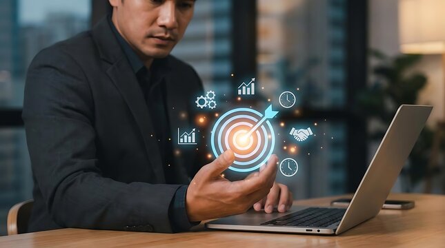 Businessman analyzing digital target and business icons