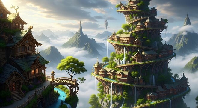 Fantasy village with tall ancient pagoda style buildings on high mountain cliffs above the clouds
