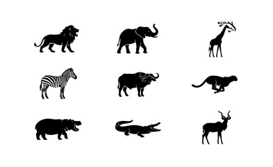 Fototapeta premium 70 African Wildlife Silhouette Collection, Safari Animals Vector Icons Set, Lion Elephant Giraffe Zebra Buffalo Cheetah Hippo Crocodile Antelope Graphics 100
