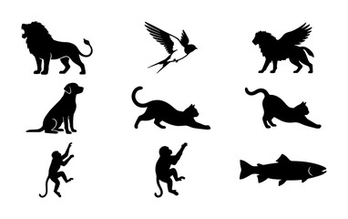 Fototapeta premium 70 Diverse Animal Silhouettes Collection, Vector Icons: Lion, Dog, Cat, Monkey, Bird, Fish, Mythical Creature, Wildlife Graphics, Nature Elements 100