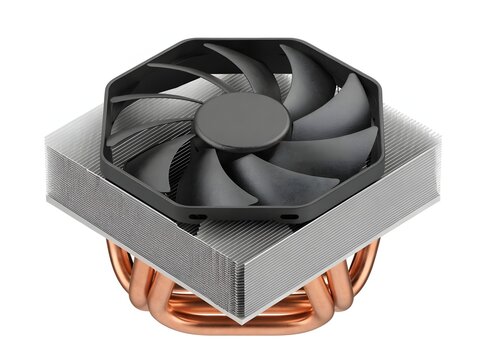 Hexagonal CPU cooler with copper heat pipes and radiator isolated on white background. Computer cooling system and thermal management concept. High performance PC processor fan in studio.