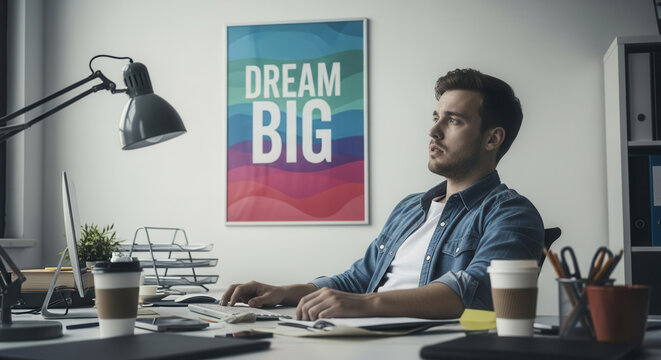 A focused young professional man sitting at his modern office desk while working on a computer, looking away thoughtfully with a motivational dream big poster hanging on the clean white wall behind.