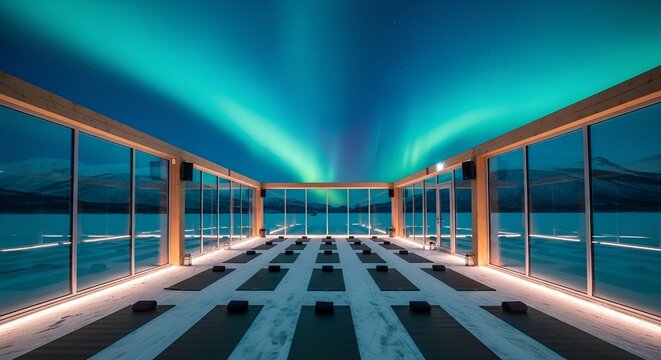 Yoga studio room with glass walls looking at the bright green northern lights in the night sky