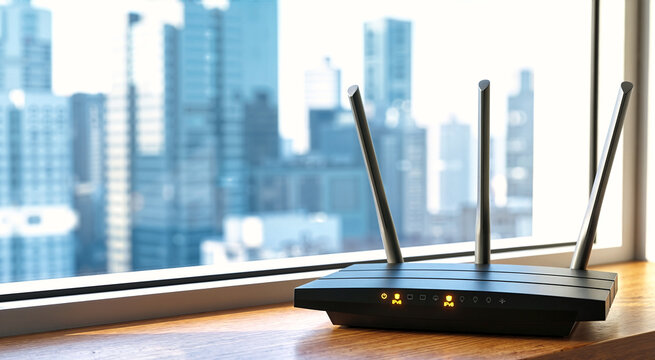 Wireless router with antennas on wooden windowsill. Modern black router with amber LED lights against blurred cityscape background