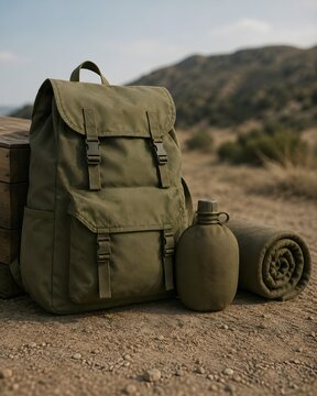 Military Backpack with Canteen and Rolled Sleeping Mat Outdoors