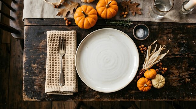 A beautifully set thanksgiving table complete with pumpkins a linen napkin and a pristine plate evoking warmth gratitude and the spirit of the harvest