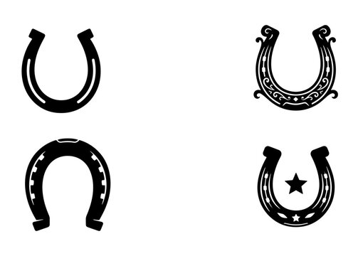 70 Set of Four Black Horseshoe Vector Icons, Western Style Horse Shoe Graphics, Lucky Charm Symbols, Equestrian Sport Elements 100