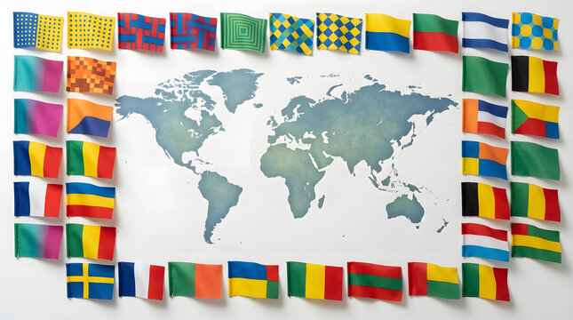 World map surrounded by various international flags on white background