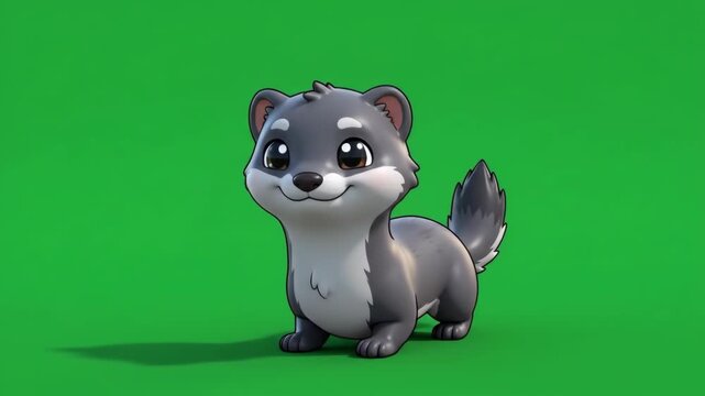 Cute cartoon ferret or weasel character with big eyes on a green screen background, 3D rendering.