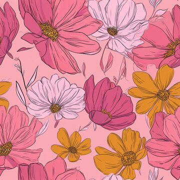 Seamless pattern with beautiful flower on pink background