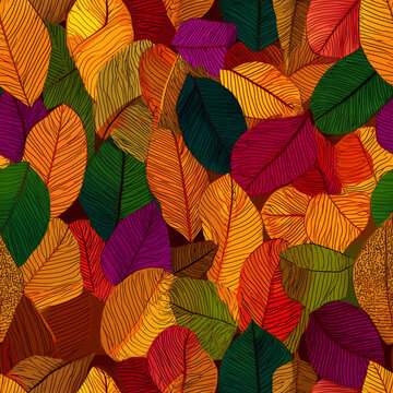 Seamless pattern with stylized colorful autumn leaves