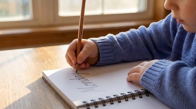 Child writing Monday in a spiral notebook