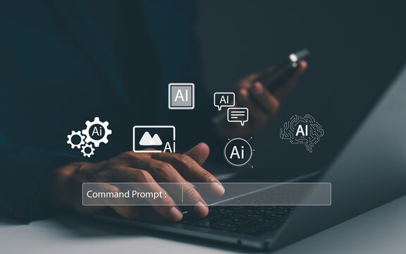 A person interacts with a laptop and smartphone, surrounded by floating AI icons, symbolizing artificial intelligence and command prompt technology use.