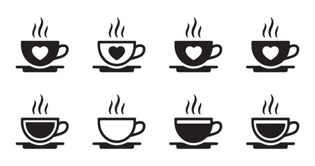 Obraz premium Hot beverage cups with steam and heart symbols collection isolated on transparent background for flyers.