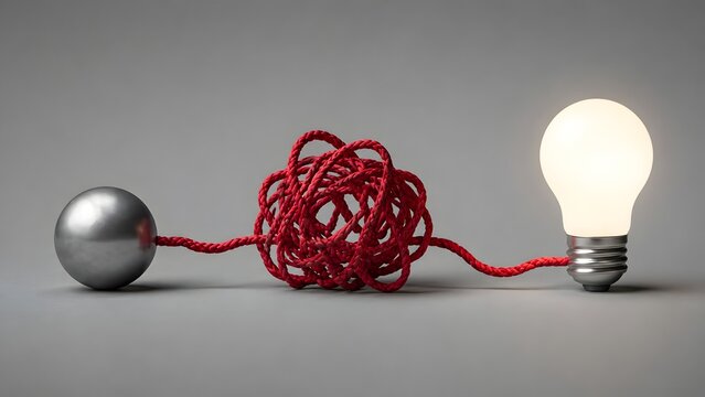 Creative problem solving and innovation concept with a tangled red rope connecting a metal sphere to a glowing lightbulb representing a bright idea.