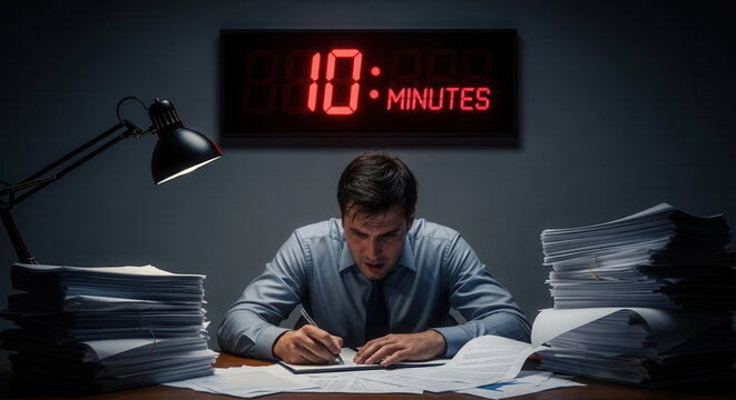 A stressed businessman in a dimly lit office frantically writes on documents while surrounded by towering stacks of paperwork under a glowing digital clock counting down 10 minutes, evoking urgency.