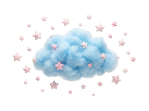 Blue cotton candy cloud with pink star sprinkles isolated on transparent background