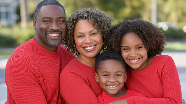 Happy African American family of four smiling together outdoors in matching red shirts for a warm portrait session.