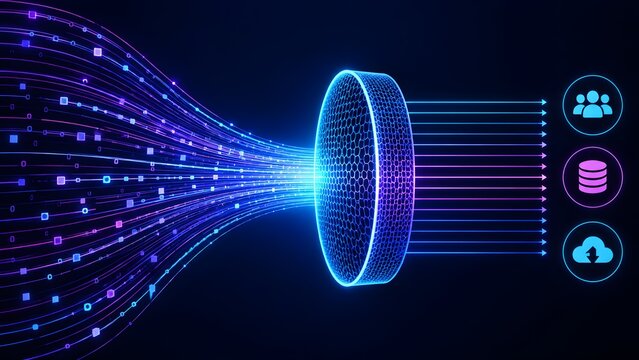 Digital data stream filtering and segmentation concept with glowing neon lines sorting information into cloud database and audience categories.