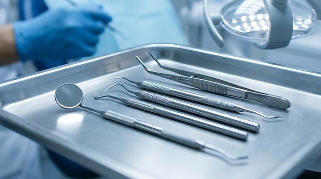 Dental instruments on a metal tray in a clinic