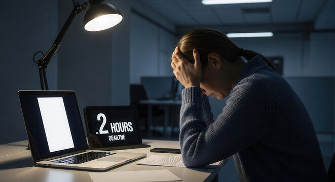 A stressed professional sitting at a modern office desk with two laptops displaying a countdown timer for a tight deadline, covering her face in frustration under bright desk lamp lighting in a dimly.