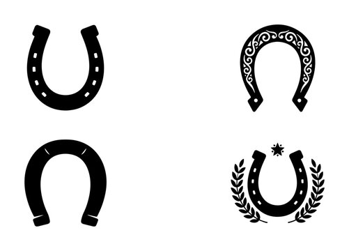 70 Set of Four Black Horseshoe Icons, Lucky Charm Symbols, Equestrian Gear, Western Style Vector Graphics 100